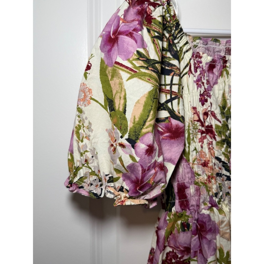 Melonie T Floral Smocked Mini Dress Purple Green Puff Sleeve Pockets Size 8 - Picture 4 of 8